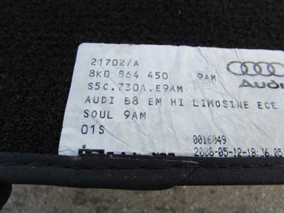 Audi OEM A4 B8 Rear Floor Mats (Pair) 8K0864450 2009 2010 2011 20125